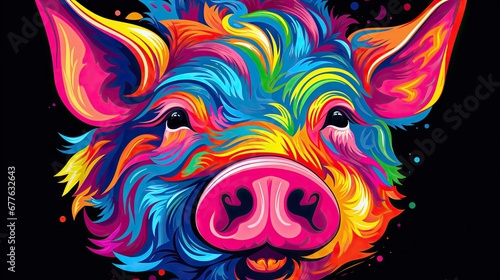  a colorful pig s face on a black background with a splash of paint on the pig s face and the pig s head is painted in bright colors 