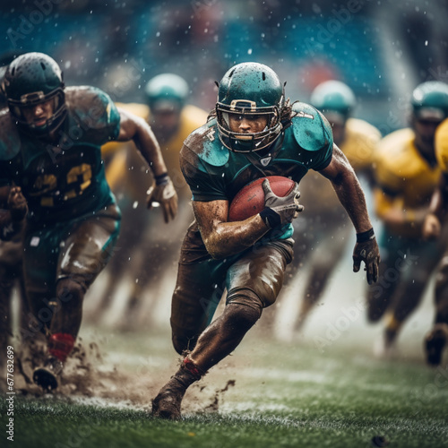 American football players in dynamic action is running with ball at stadium under rain, sport arena, movement, achievements, leadership, Sports emotions © Andrii IURLOV