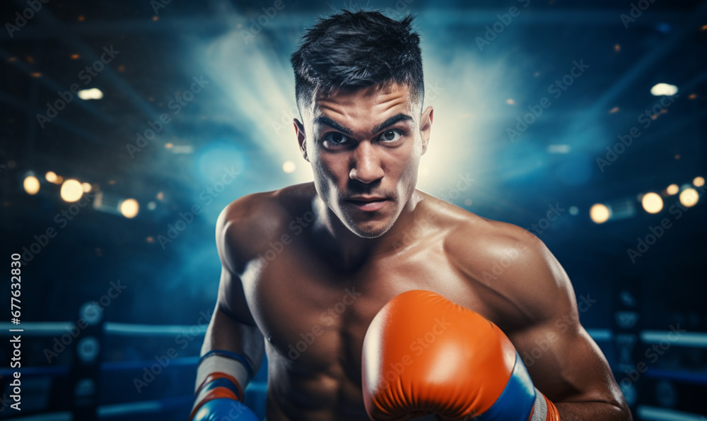 Emotional strong man boxers in dynamic action in boxing ring