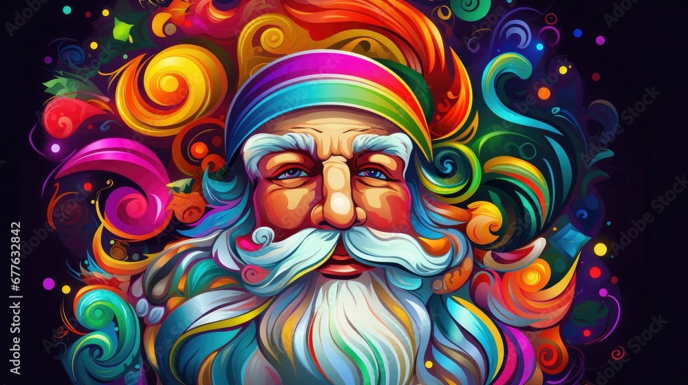  a colorful portrait of a man with a beard and a beard ring in the center of the image is a swirly beard and a multi - colored background of swirling swirls.  generative ai