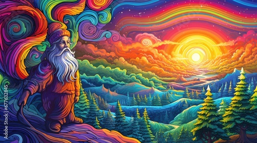  a painting of a man with a beard and long white hair standing in front of a mountain landscape with colorful swirls and a sun in the sky above him.  generative ai