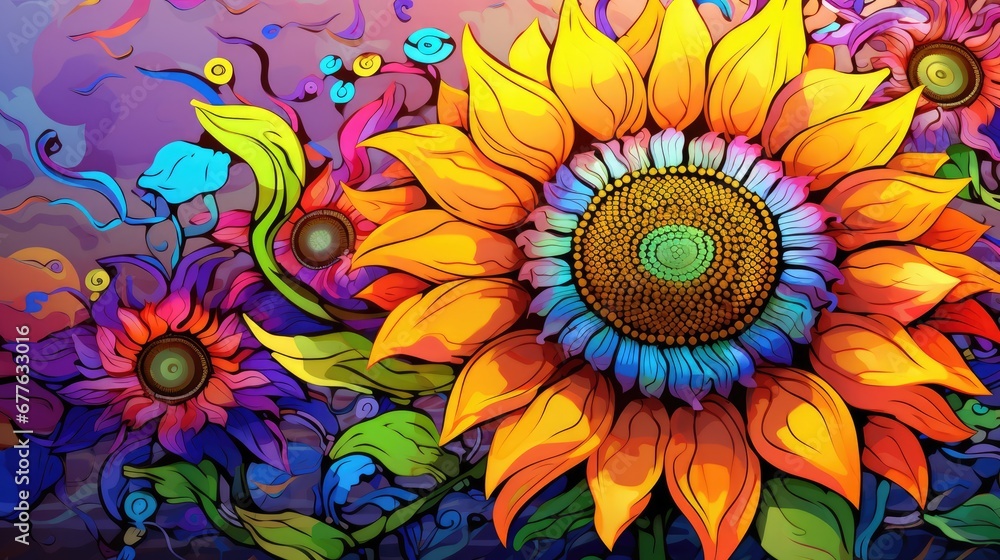 a painting of a sunflower on a purple, blue, green, yellow, and red background with swirls and bubbles in the bottom half of the image. generative ai a painting of a sunflower on a purple, blue, green, yellow, and red background with swirls and bubbles in the bottom half of the image. generative ai