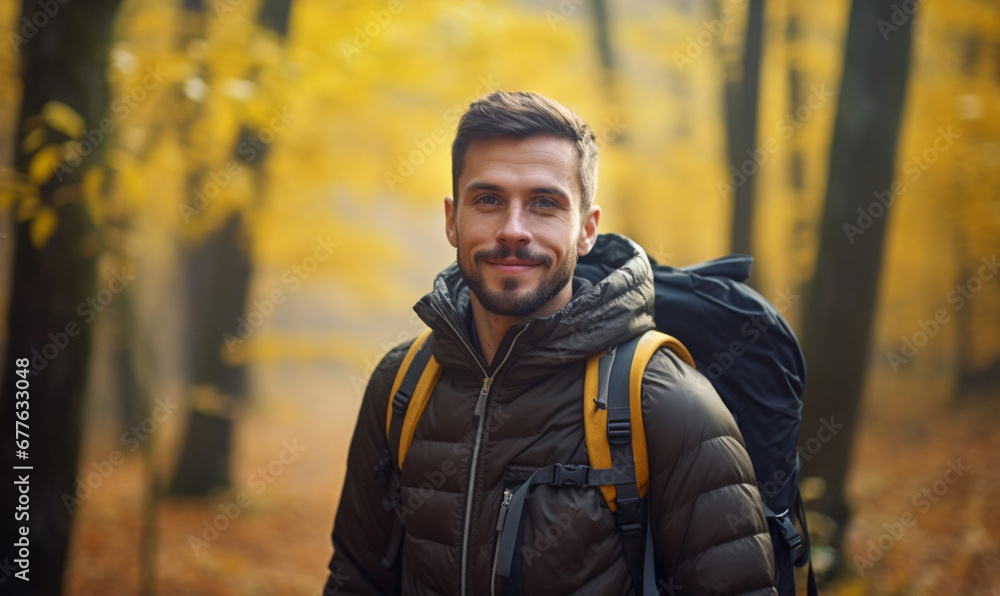 Male hiker, man walking in autumn forest, Friendly Fall Activiti Male hiker, man walking in autumn forest, Friendly Fall Activiti