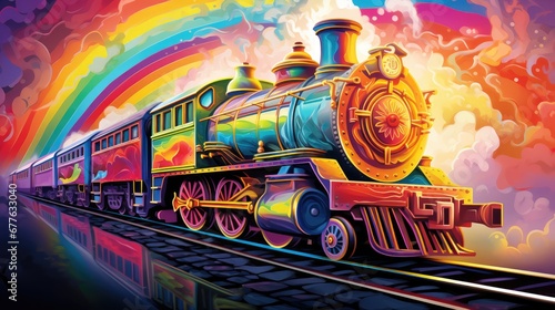  a painting of a train on a train track with a rainbow in the background and a rainbow in the sky in the middle of the middle of the train tracks. generative ai
