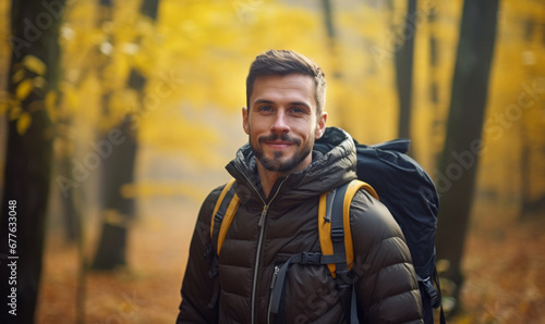 Male hiker, man walking in autumn forest, Friendly Fall Activiti