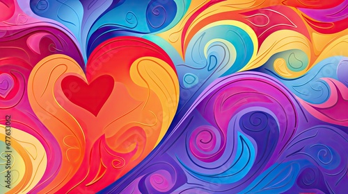  a colorful background with swirls and a heart on the center of the image is a red  yellow  blue  and pink heart on the left side of the image is a.  generative ai