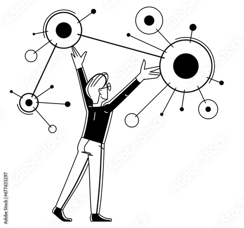 Creative worker doing some job and creating some system, inspired inventive designer or engineer composing abstract elements, vector outline illustration.