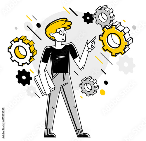 Mechanic engineer working on a draft plan vector illustration, inventor or repair job, engineering machine industry, system technician.