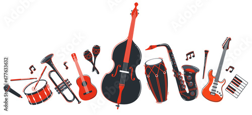 Jazz music band concept different instruments vector flat illustration isolated on white background, live sound festival or concert, musician different instruments set.