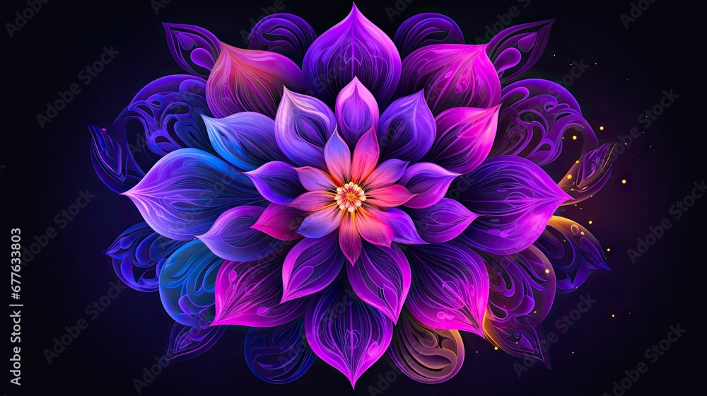  a purple flower on a black background with a blue and pink flower on the center of the flower, and a pink flower on the middle of the top of the flower.  generative ai