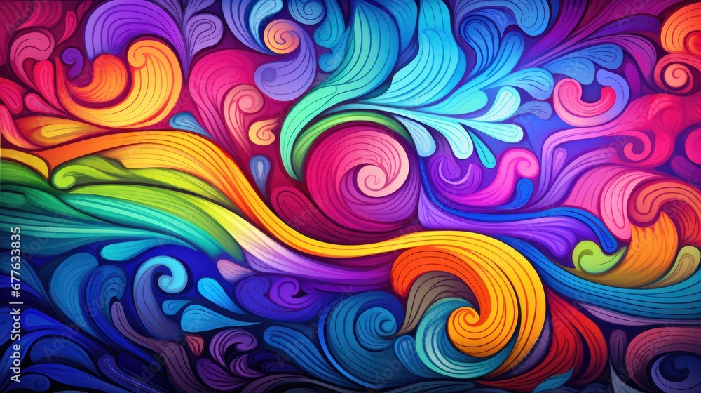 a colorful abstract painting with swirls and waves on a black background with a red, yellow, blue, green, pink, purple, and orange color scheme. generative ai a colorful abstract painting with swirls and waves on a black background with a red, yellow, blue, green, pink, purple, and orange color scheme. generative ai