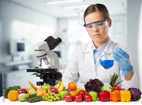 A young researcher with ingredients of vegetables. Registered dietitian.