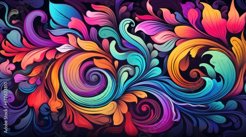  a colorful abstract painting with swirls and leaves on a black background with a blue sky in the background 