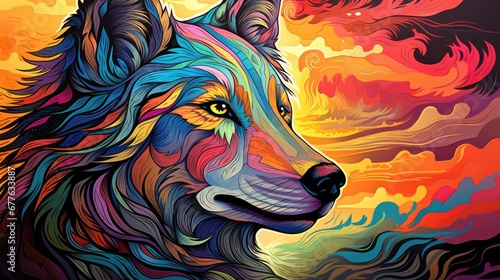  a painting of a wolf's head with a colorful sky in the background and clouds in the foreground © Shanti