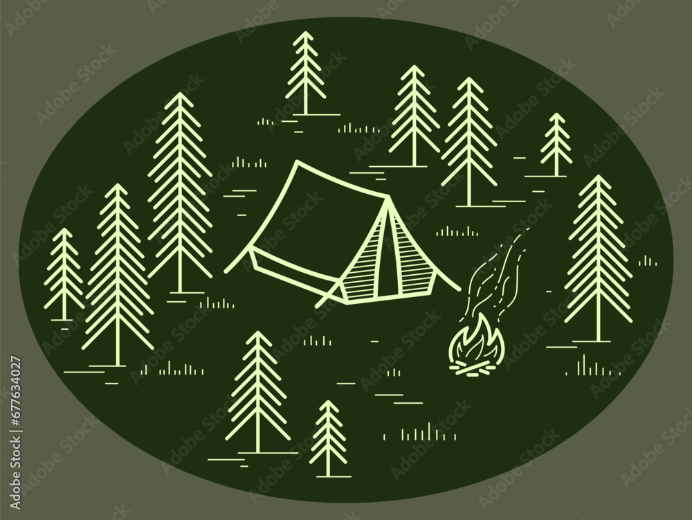 Fototapeta premium Camping tent in pine forest vector linear illustration on dark, holidays and vacations in woods theme line art drawing, design wanderlust.