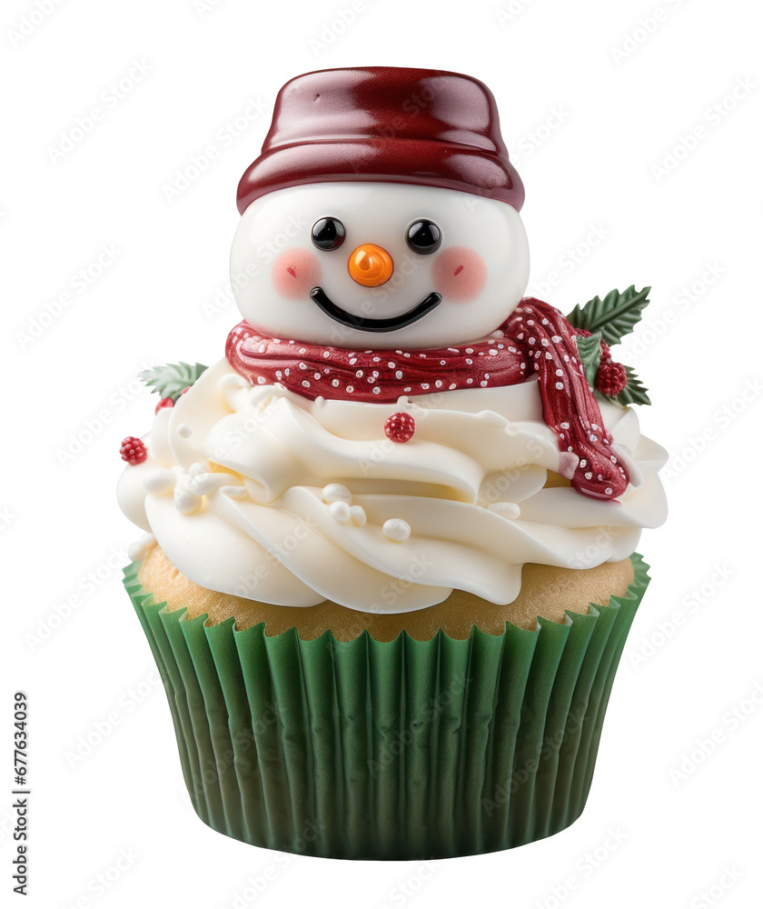 Fototapeta premium Snowman cupcake christmas cake muffin xmas winter isolated on transparent background. cutout, PNG file. for product presentation. banner, poster, card, t shirt, sticker