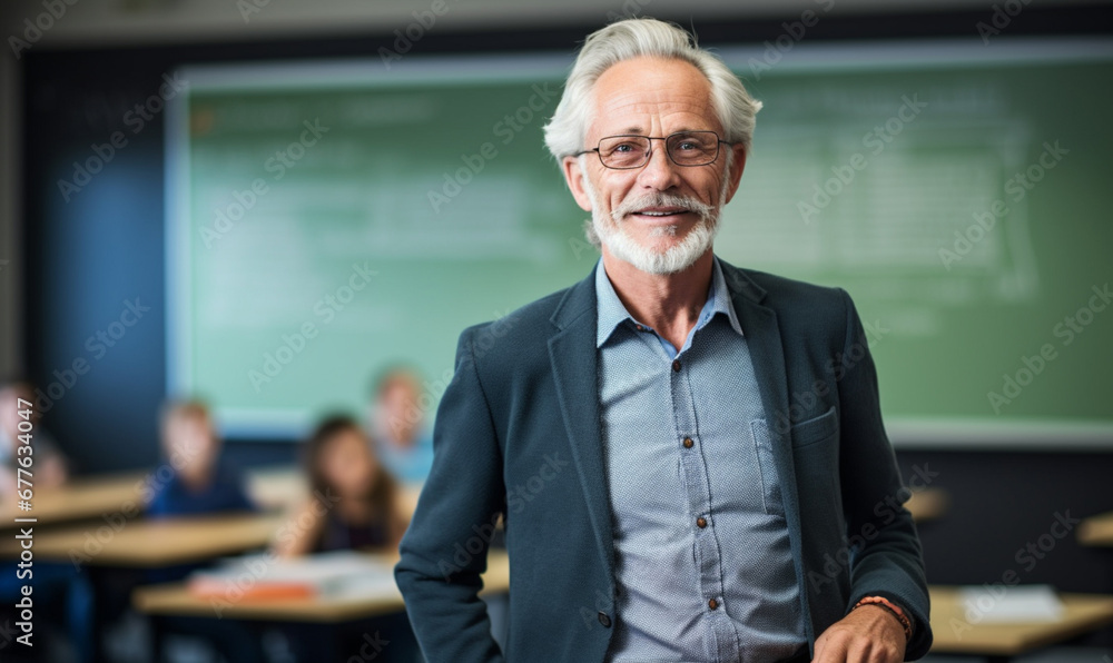Professor, Teacher Man 55 years old with grey hair giving a lecture at university in big classroom at high school before many sitting students, Expert Does Motivational Talk. Professor, Teacher Man 55 years old with grey hair giving a lecture at university in big classroom at high school before many sitting students, Expert Does Motivational Talk.