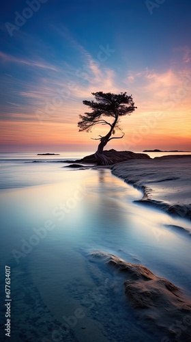  a lone tree sitting on the edge of a body of water with a sunset in the background and a small rock outcropping in the middle of the water. generative ai