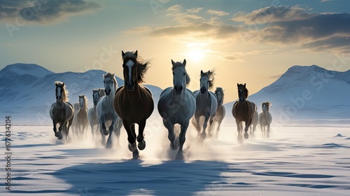  a group of horses running across a snow covered field with mountains in the background in the distance, with the sun shining through the clouds in the sky overcast sky. generative ai