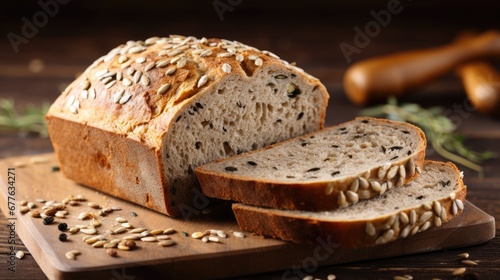  a loaf of bread sitting on top of a cutting board next to a loaf of bread with sesame seeds on top of a cutting board next to a loaf of bread. generative ai