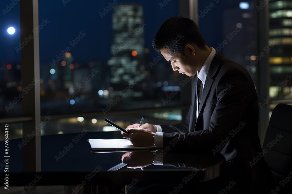 Fototapeta premium Business man working on mobile tablet computer on desk in office at night