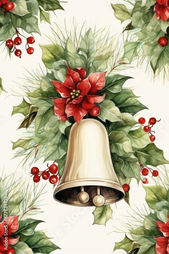 Christmas flowers with Christmas bell Vertical illustration. Christmas bell flowers Vertical illustration. Copy space. For banners, posters, gift cads, advertising. AI generated.