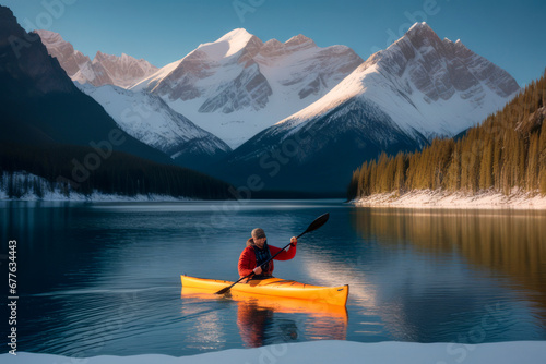Man in a canoe on the background of a mountain landscape. .ai