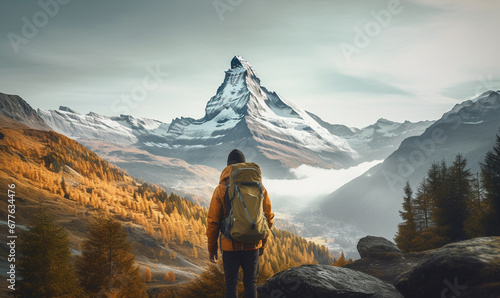Male hiker traveling, walking alone Matterhorn under sunset light. Man traveler enjoys with backpack hiking in mountains. Travel, adventure, relax, recharge concept.	