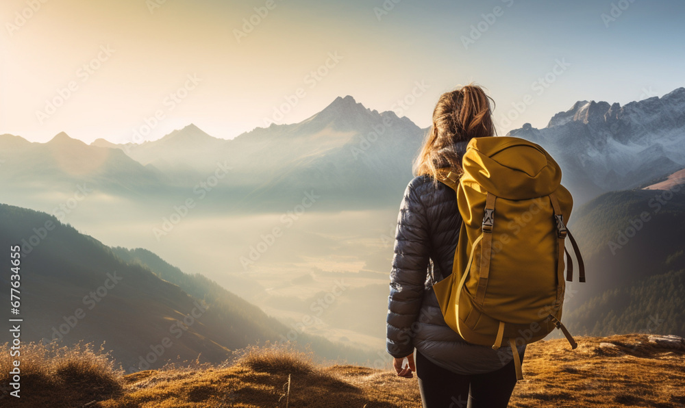 Female hiker traveling, walking alone. Woman traveler enjoys with backpack hiking in mountains.