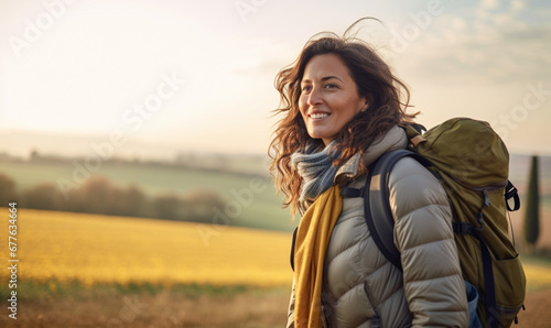 Female hiker traveling, walking alone Italian Tuscan Landscape view under sunset light. Woman traveler enjoys with backpack hiking in mountains. © Andrii IURLOV