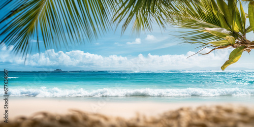 Tropical beach panorama view, coastline with palms, Caribbean sea in sunny day, summer time, Tropical seascape with Palm trees, turquoise sea or ocean under sky with white clouds.  © Andrii IURLOV
