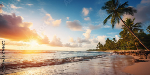 Tropical beach panorama view, coastline with palms, Caribbean sea in sunny day, summer time, Tropical seascape with Palm trees, turquoise sea or ocean under sky with white clouds. © Andrii IURLOV