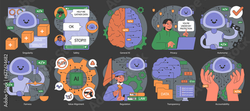 AI ethics dark or night mode set. Artificial intelligence alignment and regulation. Accountability, singularity and autonomy, bias types, transparency, safety and privacy. Flat vector illustration.