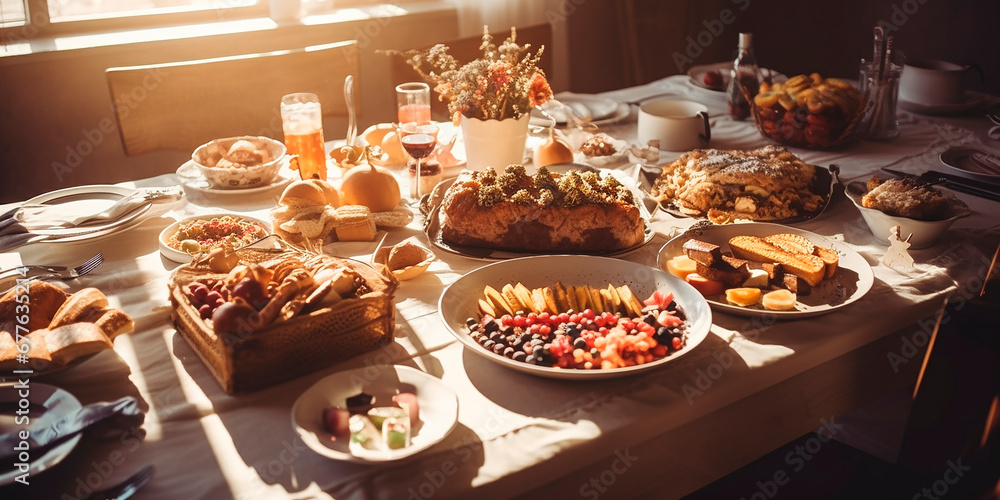 Naklejka premium modern Christmas party celebration with dinner meal on table in big villa, sunlight