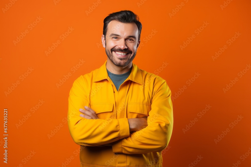 Smiling man in overalls. Portrait of an auto mechanic on a plain orange background. AI generative Smiling man in overalls. Portrait of an auto mechanic on a plain orange background. AI generative