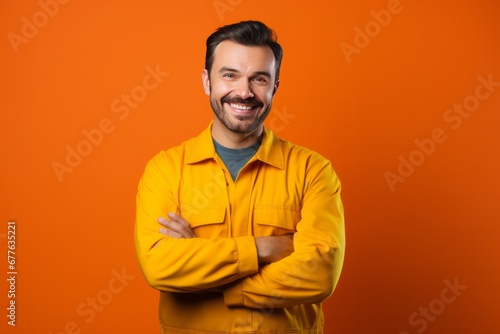 Smiling man in overalls. Portrait of an auto mechanic on a plain orange background. AI generative