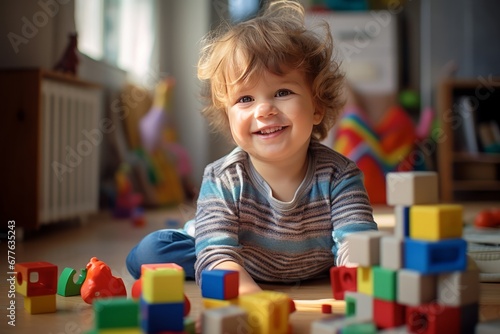 Happy little boy plays in colorful blocks at home. AI generative