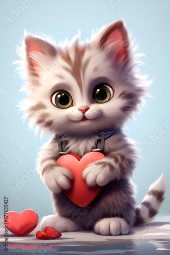 Cartoon kitten with heart in its paws. declaration of love. lovers day. Vertical © Алла Чеснокова