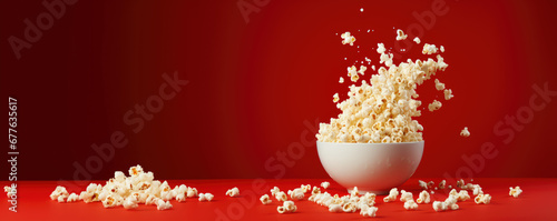 plein de popcorn qui sautent en dehors d'un saladier sur fond rouge foncé photo