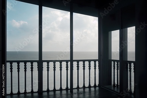 balcony with a large window and a balustrade overlooking the sea, black and white photography © Oskar Reschke