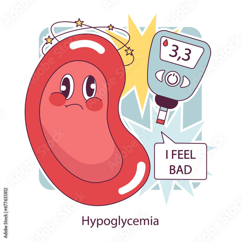 Diabetes. Measuring sugar blood with glucometer. Glucose monitoring, glycemic index. Hypoglycemia treatment, insulin therapy. Endocrine system disease. Vector illustration
