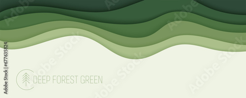 Deep forest green waves, paper art banner. Nature greenery color poster template in papercut style. Vector illustration EPS 10.