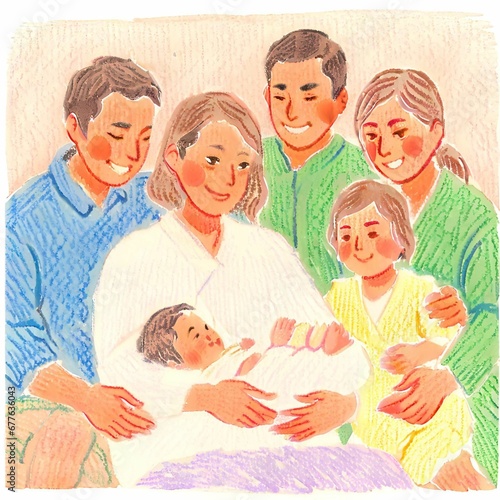 新しい家族のメンバーを歓迎する家族のイラスト - AI生成画像