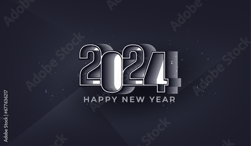 Happy New Year 2024 3d paper art lettering with geometric shapes black effect abstract vector background 