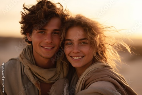 Portrait of young couple in love embracing and looking at camera on the beach at sunset