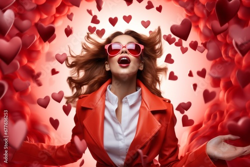 Beautiful young woman in red coat with flying red hearts. Valentine's day.