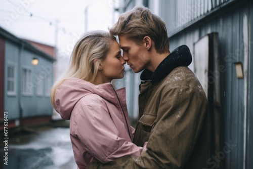 Young couple sharing a romantic kiss on a cloudy day in an urban alleyway.