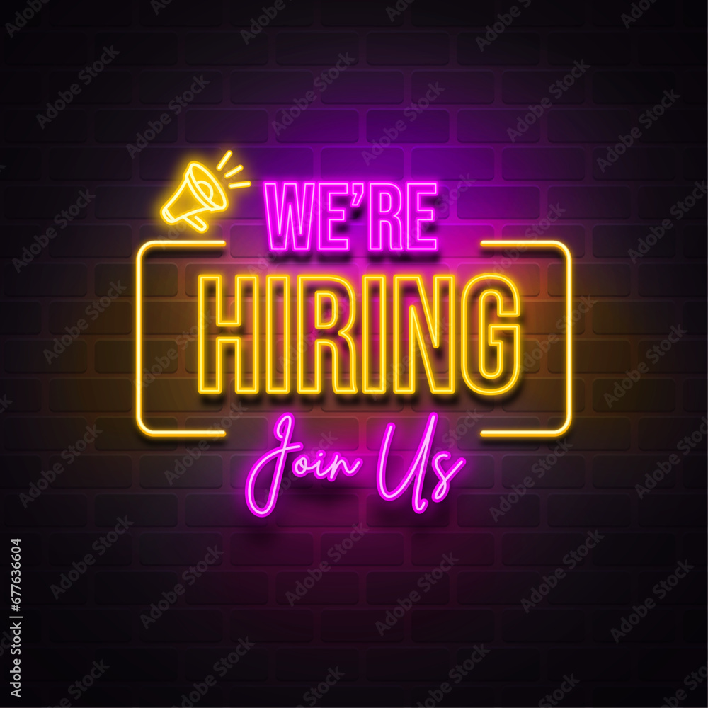 minimal neon light glowing job recruitment vacancy social media we are hiring post design abstract vector template 