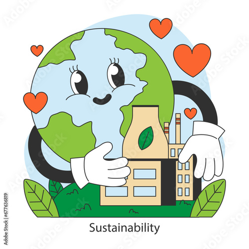 Sustainability. Earth cartoon character hugs a green factory. Carbon neutral production. Reduction of carbon footprint, CO2 emissions. Circular economy. Flat vector illustration.