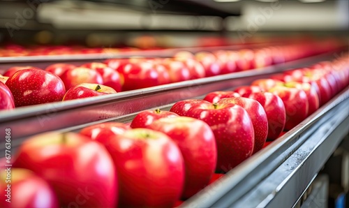 Row of Vibrant Apples on a Moving Conveyor Belt